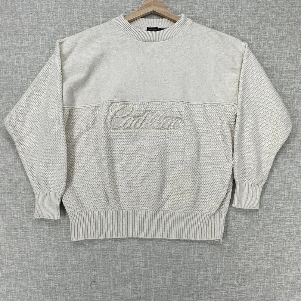 Andrew Rohan‎ Cadillac Sweater Mens Large Cream Crewneck Knit Embroidered 90s